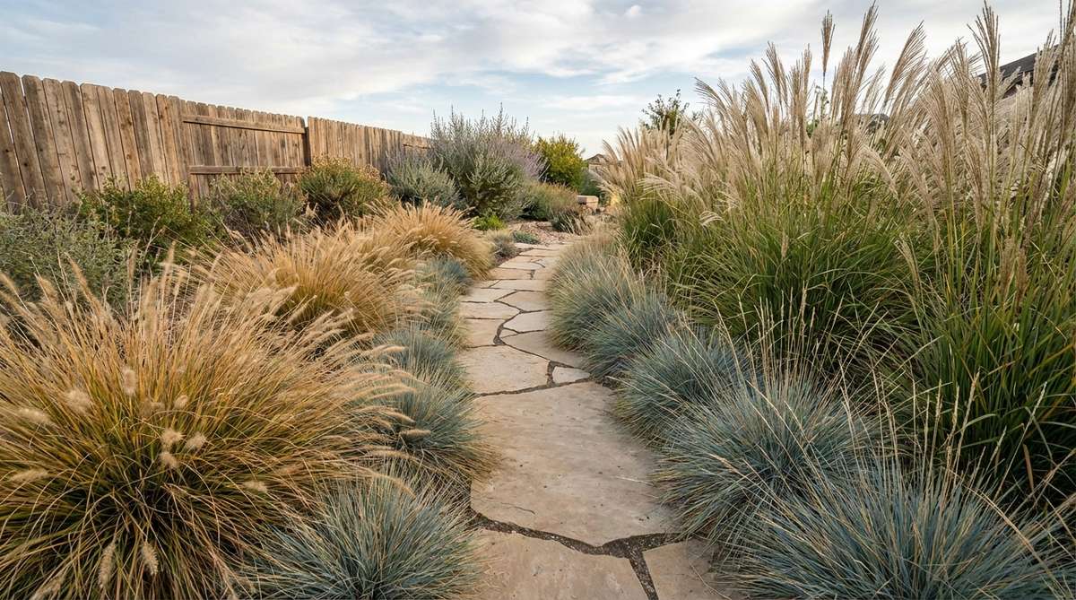 A lush display of ornamental grasses including fountain grass, blue fescue, and maiden grass creating textured borders along garden pathways. The vertical foliage adds height and movement while requiring minimal water and maintenance.