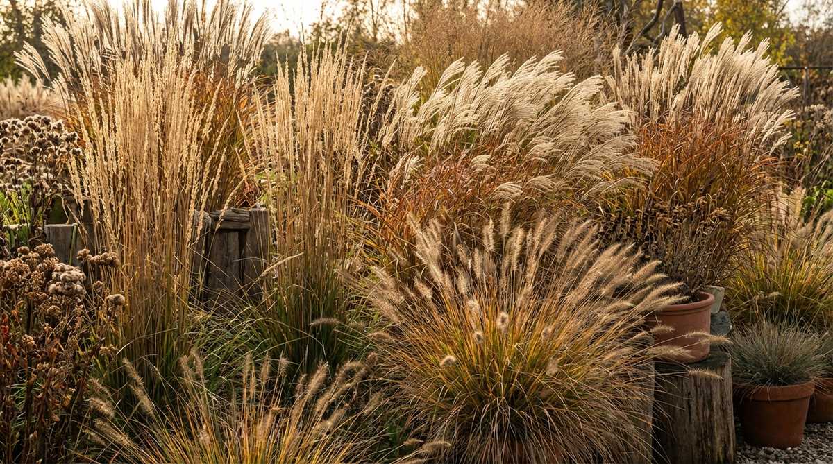 A close-up view of ornamental grasses like fountain grass, maiden grass, and feather reed grass in a boho garden, showcasing their plumes that catch breezes and add movement and texture. The grasses are arranged in odd-numbered groups for a natural appearance, with seed heads remaining through winter to provide texture and support wildlife.