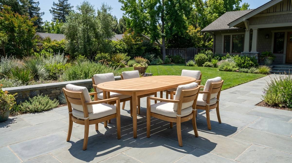 Modern oval eucalyptus dining set with removable cushioned chairs, featuring sustainable hardwood construction, curved lumbar support, natural oil finish, and space-efficient design for six people.
