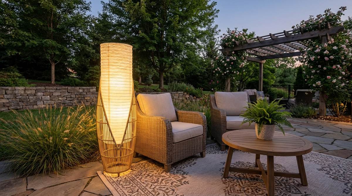 A floor lamp with rice paper or fabric shade that diffuses soft light, complementing modern and bohemian decor. Positioned in corners or beside seating to create warm, layered lighting without harsh overhead illumination.