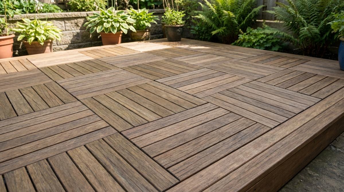 A close-up view of a parquet deck pattern on a small garden patio, showing square modules with alternating board directions that mimic wood parquet flooring. The intricate design features precise framing and detailed craftsmanship, making the deck appear more substantial.