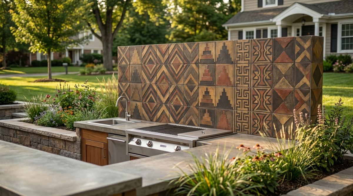 A durable cement tile backsplash with geometric African-inspired patterns, featuring earth-tone palettes and traditional motifs like interlocking diamonds or stepped pyramids, ideal for outdoor kitchens and bar areas as a cultural focal point.