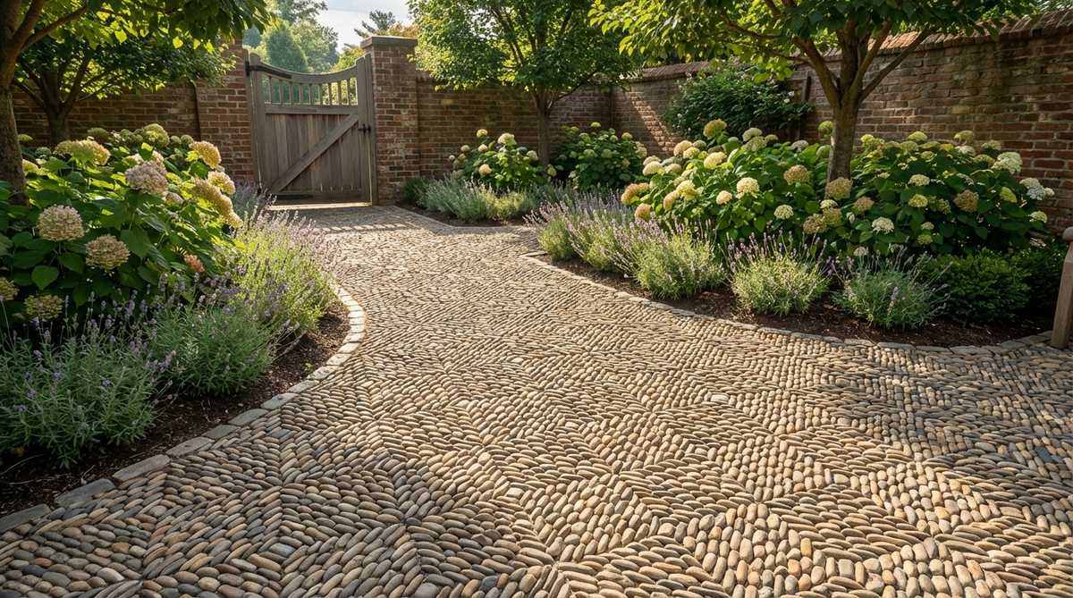 A detailed view of a traditional pebbled pathway mosaic showing intricate repeating patterns with stones set on edge, creating a durable surface suitable for garden paths and entryways. The geometric focal points and varied stone directions add visual texture while maintaining structural integrity, perfect for cottage gardens and historic landscape restorations.