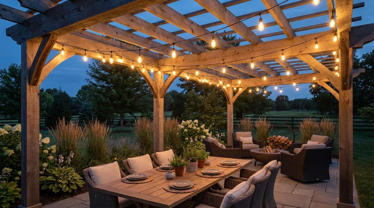 Festoon string lights crisscrossing pergola beams to create a glowing ceiling above outdoor dining and seating areas. Bistro-style bulbs provide warm ambient lighting without harsh glare, with strands spaced 18-24 inches apart for optimal coverage.
