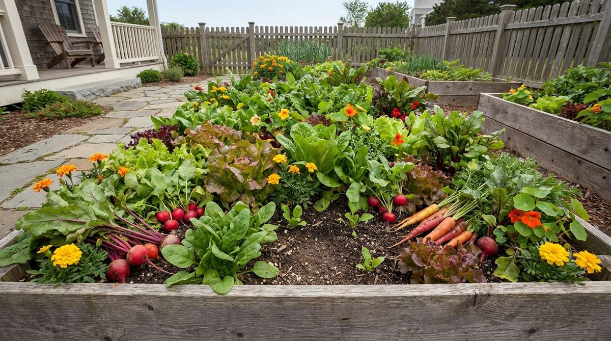 A vibrant raised garden bed featuring a diverse mix of lettuce, radishes, spinach, carrots, beets, and flowers planted in a seemingly random pattern to confuse pests. The dense planting creates living mulch that shades the soil and retains moisture, with harvest gaps visible for succession planting.
