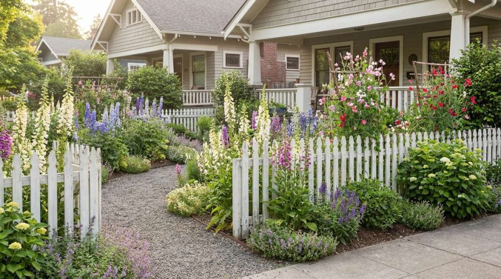 A garden scene featuring white picket fencing bordering planting beds filled with foxgloves, delphiniums, and sweet peas, illustrating a structured yet exuberant aesthetic suitable for front yards and street-facing gardens.