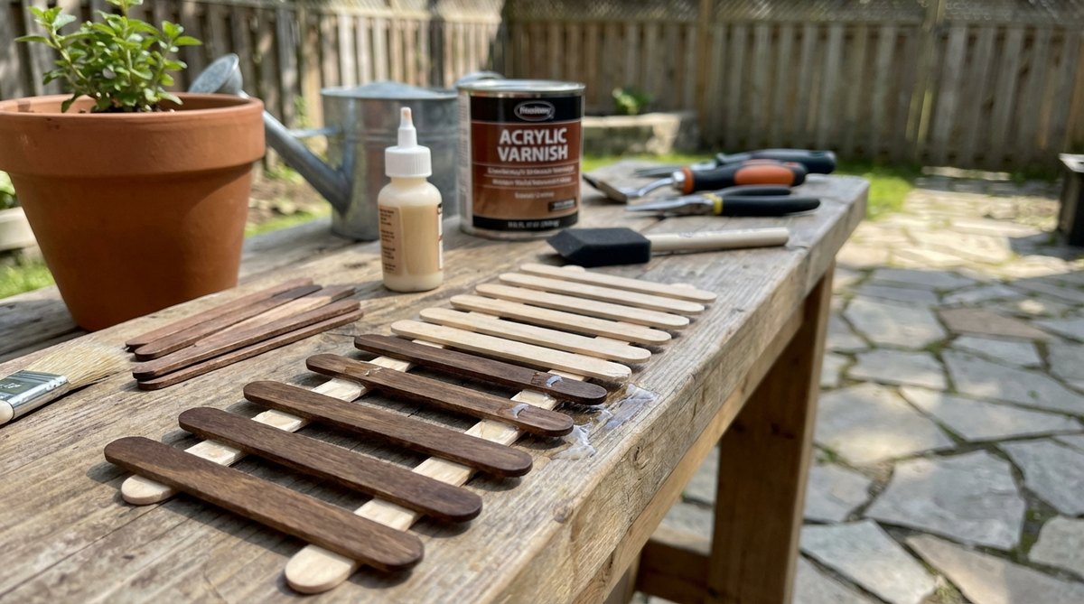 A close-up image showing the assembly of a custom mini garden fence using popsicle sticks, cut to 1.5-2 inch lengths and arranged in a picket pattern. The sticks are being glued together with wood glue, with some stained dark walnut for a rustic style, and edges sanded smooth. In the background, acrylic varnish and tools for sealing are visible, highlighting the lightweight, cost-effective construction suitable for terrariums or themed gardens.