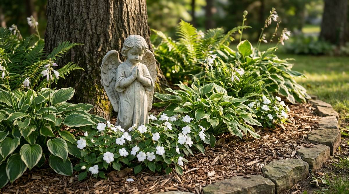 A small cherubic angel statue with hands clasped in prayer, ideal for intimate spaces and container gardens. This piece features an innocent expression, perfect for family gardens and remembrance areas, and can be tucked among flowering perennials or at the base of mature trees where dappled shade creates a heavenly light effect. Its modest scale and gentle symbolism provide comfort without overwhelming the garden setting.