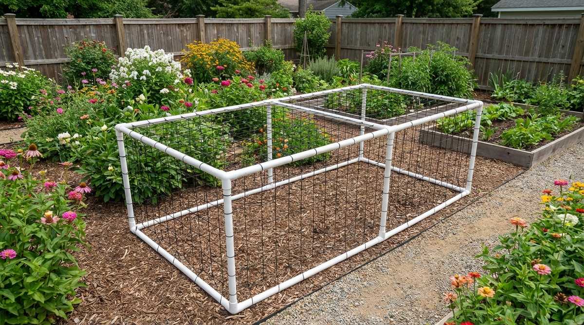 A lightweight rectangular garden trellis frame constructed from 1-inch white PVC pipes and elbow fittings, with plastic vine netting or nylon trellis mesh attached across the opening. This durable, waterproof system requires zero maintenance and lasts 8-10 years, featuring 4x8 foot sections that are easy to move and install. The white PVC reflects heat to keep root zones cooler in warm climates, making it an economical permanent trellis option for small gardens.