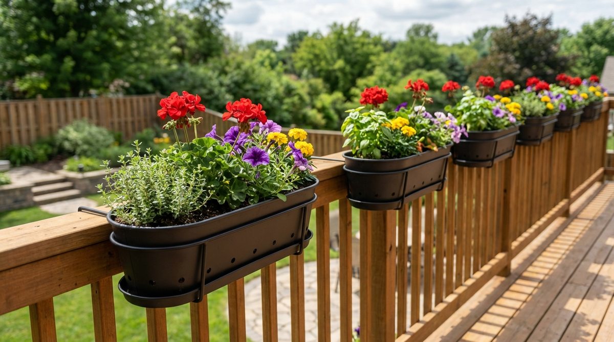 Adjustable railing-hanging planters clamped onto a balcony railing, displaying colorful flowers and herbs. The planters feature drainage holes and saucers, with compact plants arranged in rhythmic repetition along the railing length.