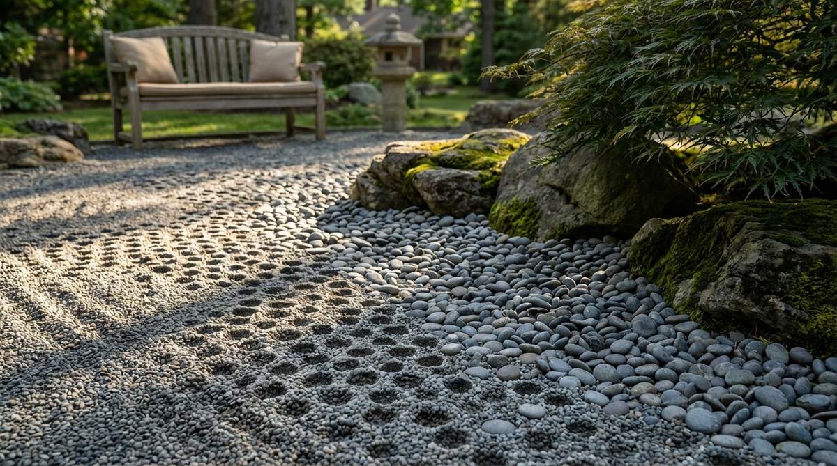 A close-up view of a Japanese stone garden featuring a rain garden dotted pattern, where small circular indentations in gravel surfaces mimic raindrops hitting water. The pattern is created by pressing a rod into gravel at random intervals, with varying densities to suggest zones of heavy rainfall and sparser areas, capturing the unpredictability of weather. This ephemeral design adds subtle texture and surface variation, visible under raking light conditions, and can be easily altered with garden maintenance.
