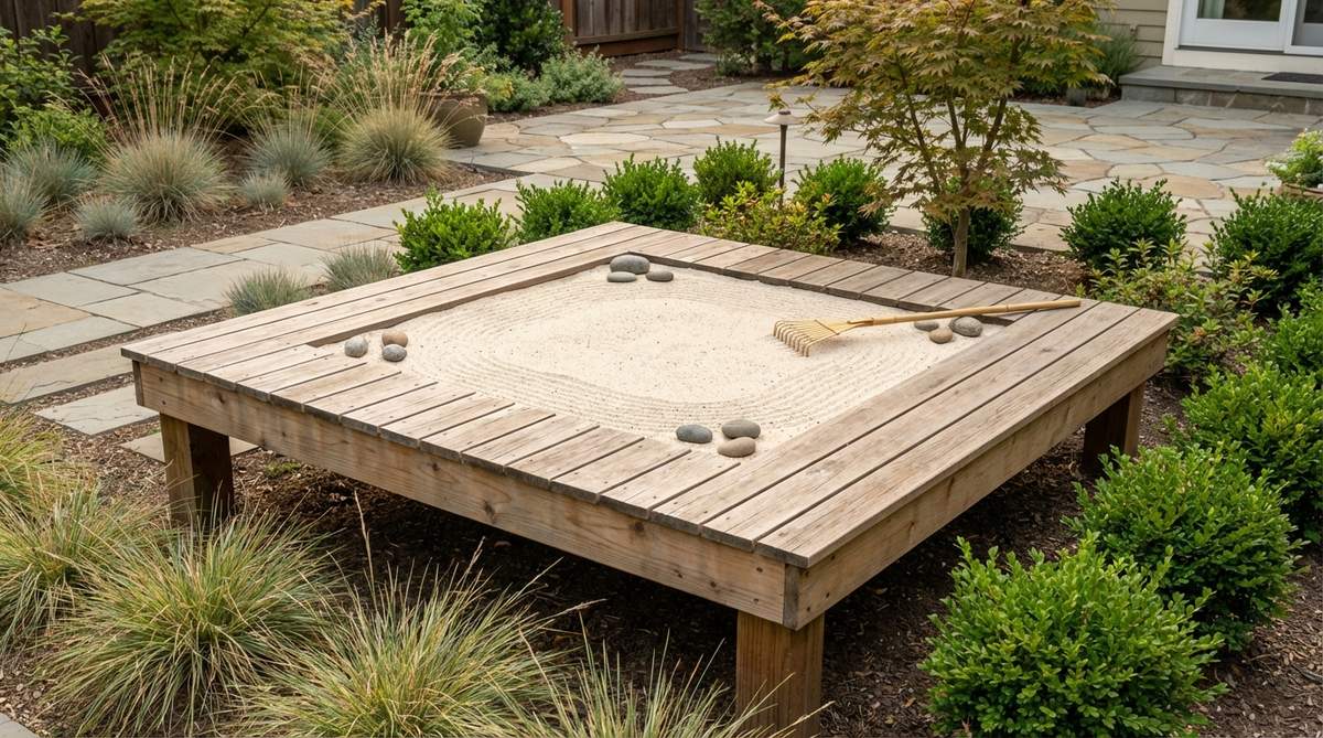 A 4x4 foot elevated wooden platform filled with sand, designed for comfortable standing-height meditation and raking in a zen garden, featuring drainage gaps and a height of 18 to 24 inches to prevent disturbances from pets and wildlife.