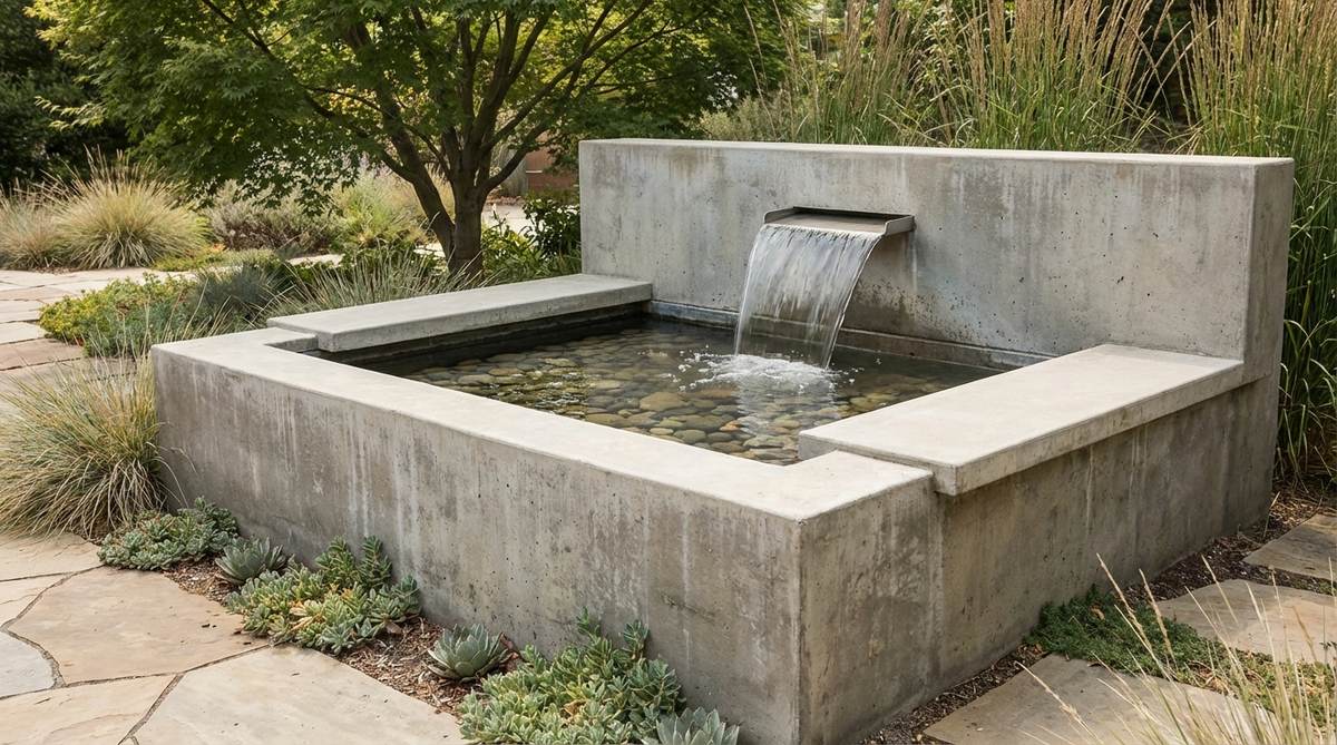 A modern raised rectangular water feature made of concrete, approximately 18 inches tall and 24-36 inches wide, with a wall-mounted spout creating a controlled sheet or gentle arc of water. The elevated basin provides seating edges and contains a hidden recirculating pump for low-maintenance water clarity in a mid-century modern garden setting.