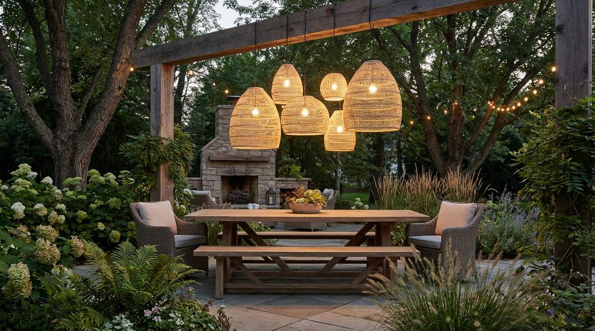 A group of natural rattan woven pendant lampshades hung at varied heights over a dining area, providing warm filtered light through organic woven patterns. Perfect for bohemian party decorations with their clustered arrangement and natural material that adds warmth and ages gracefully.