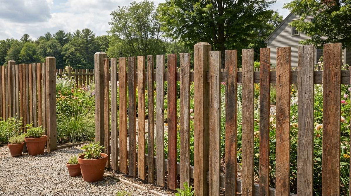 A rustic garden fence made from reclaimed wood vertical planks, featuring weathered textures and color variations from salvaged barn wood or pallet boards. This sustainable fence design complements cottage gardens and farmhouse-style properties, with boards treated with penetrating oil to preserve their natural patina.