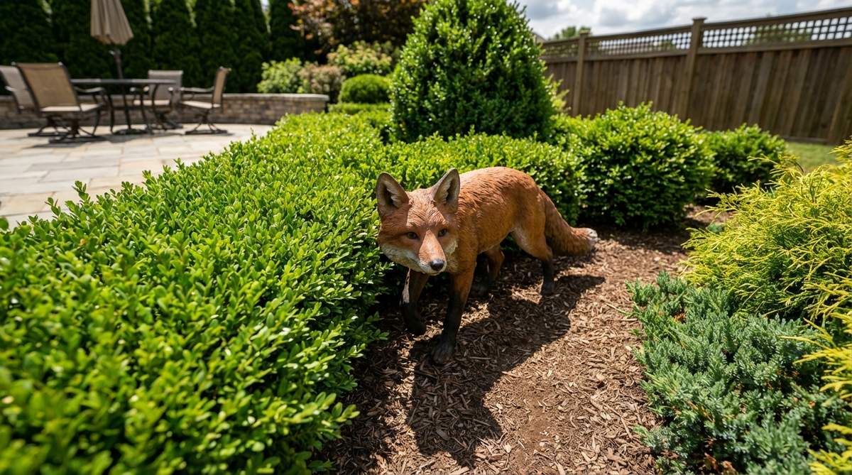A detailed garden statue of a red fox in a prowling stance, with russet coat and black leg markings, designed to add predatory energy and movement to garden decor. Ideal for placement near shrubs or hedges to create narrative tension and natural contrast against green plantings.