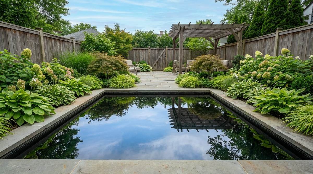 A shallow rectangular water pool in a small garden reflecting the sky and surrounding plants, demonstrating how water features can double visual complexity through clear mirror-like surfaces.