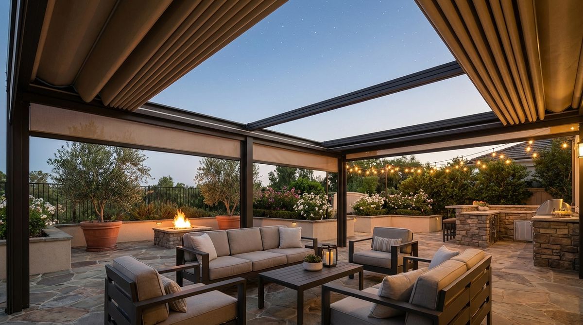 A modern retractable canopy pergola system installed in a terrace garden, showing motorized fabric covers sliding along tracks to adjust shade coverage. The system demonstrates flexibility for variable weather conditions with weather-resistant acrylic fabric rated for UV protection. In the background, the terrace is set for evening entertainment with the canopy retracted to expose starlight.