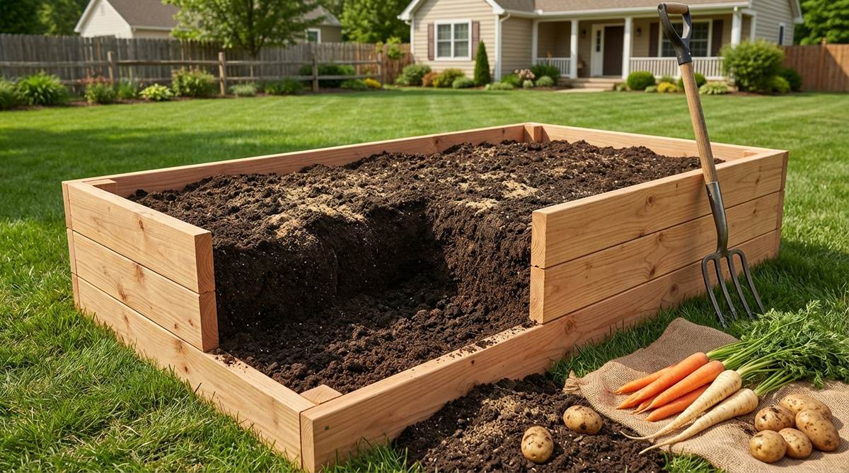 A 24-inch-deep garden bed designed specifically for root vegetables like carrots, parsnips, and potatoes, showing the deep soil structure with sand blended in for improved drainage. The image illustrates how this specialized bed produces high-quality, straight root crops without forking, highlighting the benefits of deep bed construction for modern gardening.