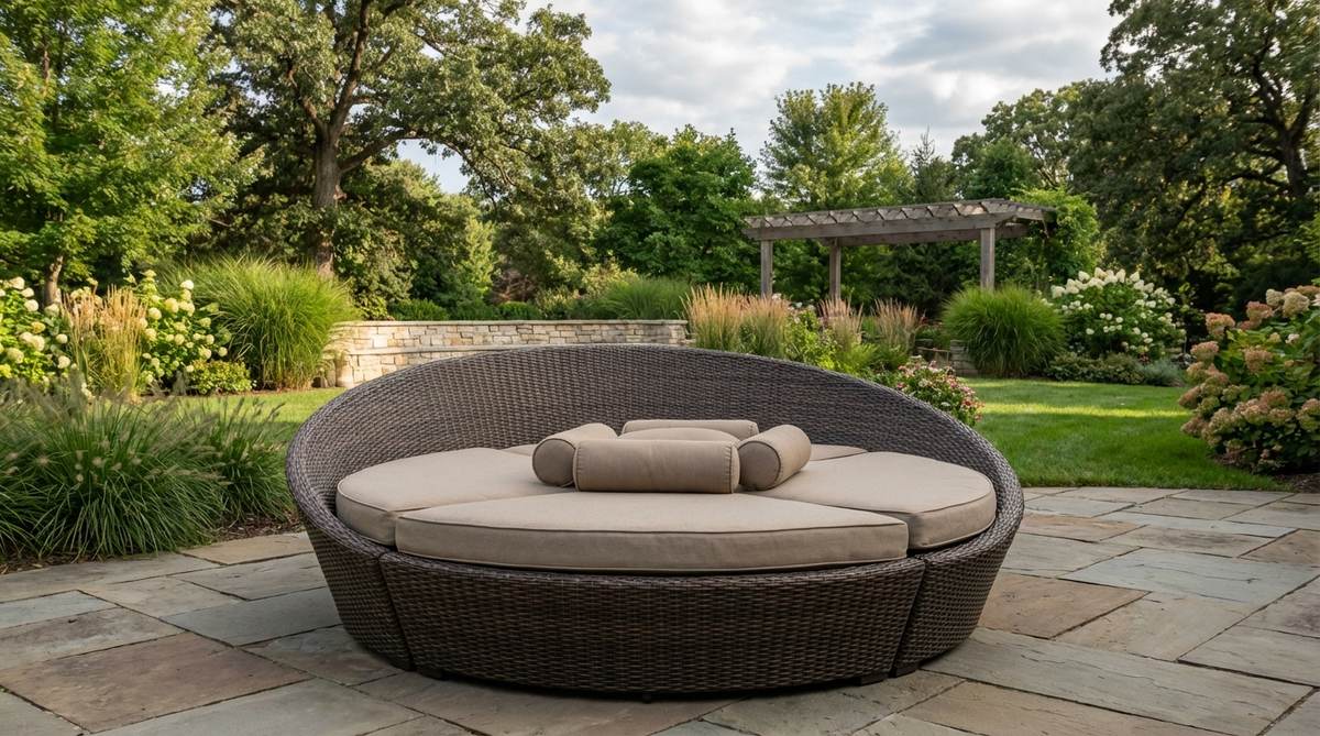 A circular wicker daybed with synthetic wicker woven over an aluminum frame, featuring segmented cushions arranged in pie-shaped wedges and central bolster pillows. This round garden furniture piece measures 50 to 72 inches in diameter, designed for social seating that accommodates multiple people facing inward, perfect for intimate conversations and relaxed socializing in open garden areas.