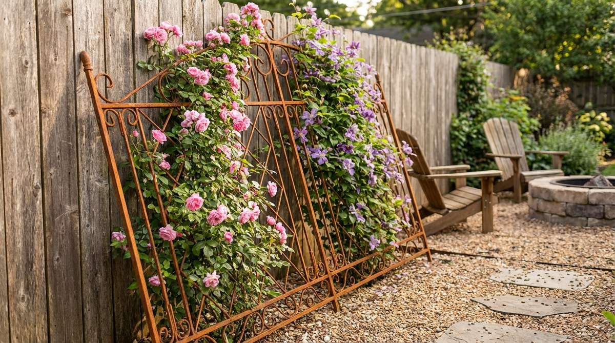 A rustic wrought iron garden trellis with natural rust patina, supporting climbing roses and clematis against a weathered wood fence. The orange-brown rust contrasts with green foliage and flowering vines, showcasing aged industrial character in a garden setting.