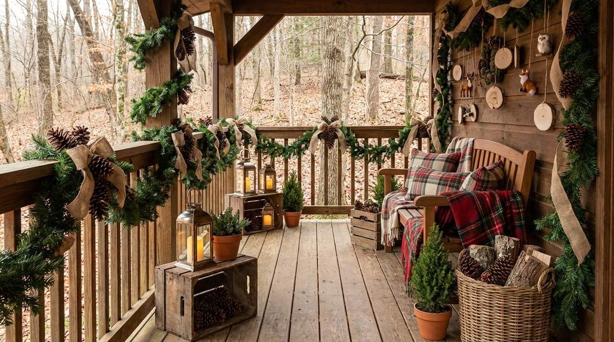 A rustic farmhouse woodland-themed balcony Christmas decor featuring natural materials like burlap ribbon, wood slice ornaments, pinecones, and unfinished wood. Earth tones and organic textures create a warm, cozy atmosphere with garland wrapped in burlap, wooden crates holding lanterns and potted evergreens, plaid blankets on seating, and miniature woodland creature accents such as deer, owls, and foxes.