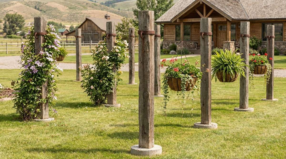 Weathered wooden posts with iron rings used as distinctive plant supports, adding height variations in flat garden areas. Set in concrete footings for stability, they can hold hanging baskets or support climbing vines, referencing ranch architecture and frontier history, ideal for informal country garden styles.