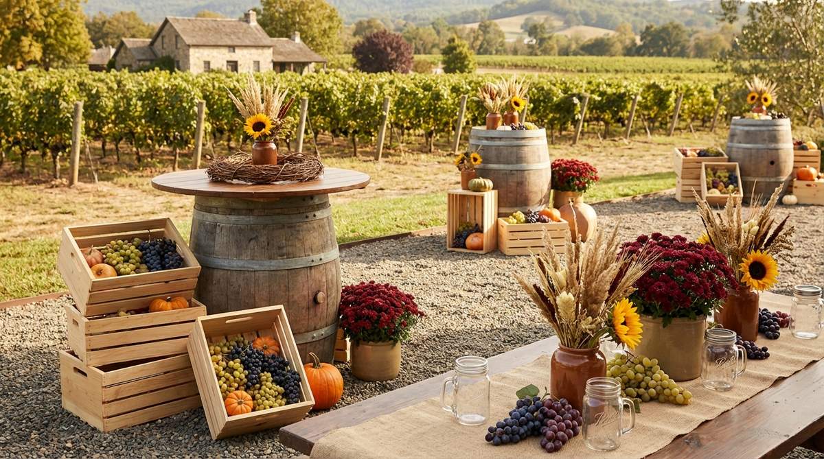 A rustic vineyard harvest celebration featuring wooden wine crates, grapevine wreaths, and wine barrel cocktail tables. Decor includes burlap table runners, mason jar glasses, wildflower arrangements in earth tones, and grape clusters as accents, perfect for autumn garden parties.