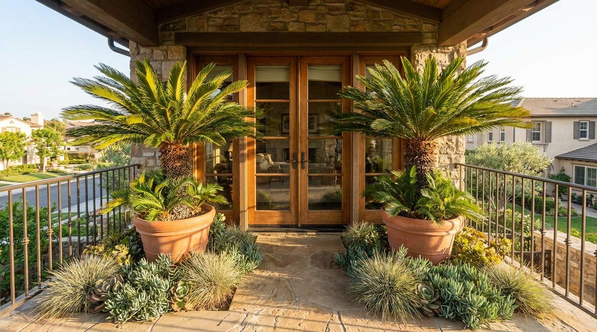 A symmetrical arrangement of sago palms flanking a balcony doorway, showcasing their architectural feathery fronds. The plants are paired with low groundcover to create visual contrast, demonstrating ideal balcony decor with sun-loving, low-maintenance plants.