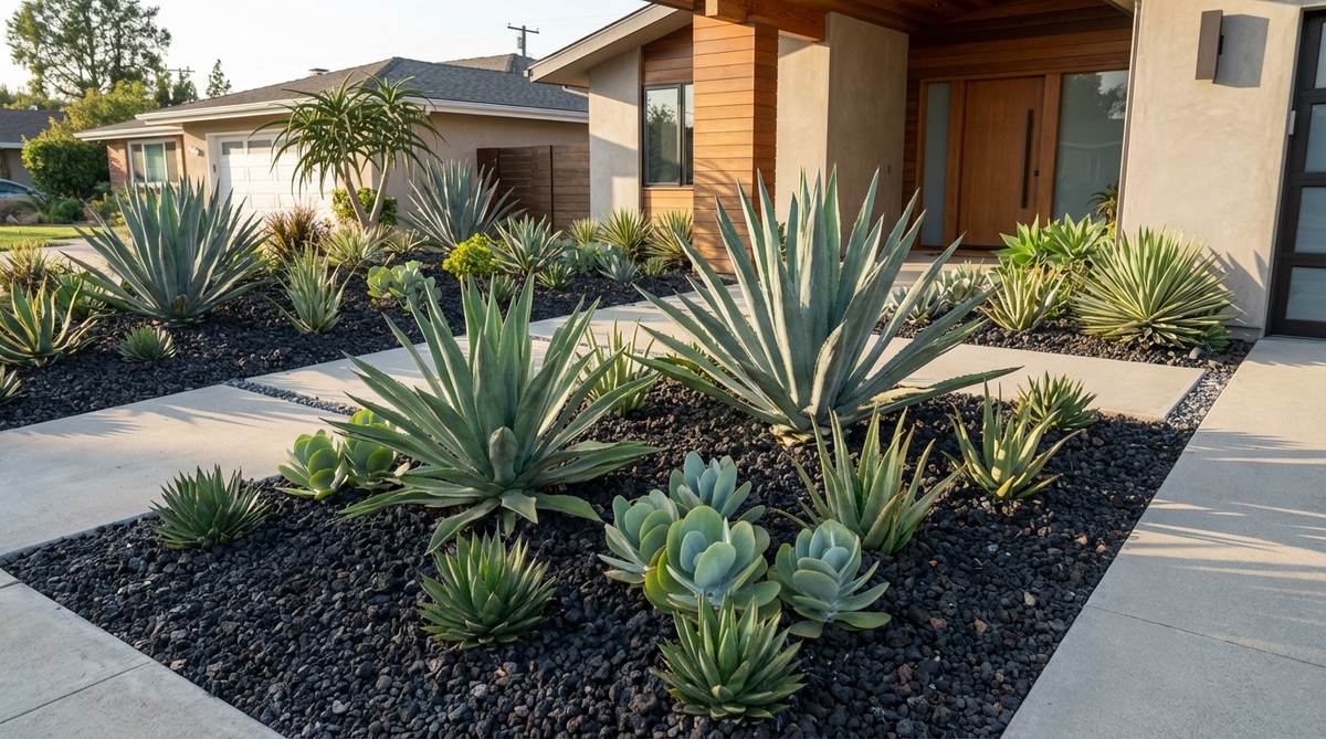 A modern front yard garden featuring large-scale succulents like century plant, paddle plant, and aloe varieties arranged as living sculptures against a contrasting ground cover of black lava rock or crushed granite. The design emphasizes individual plant geometry with low planting density, suitable for frost-free climates or cold-hardy succulent selections with excellent drainage.
