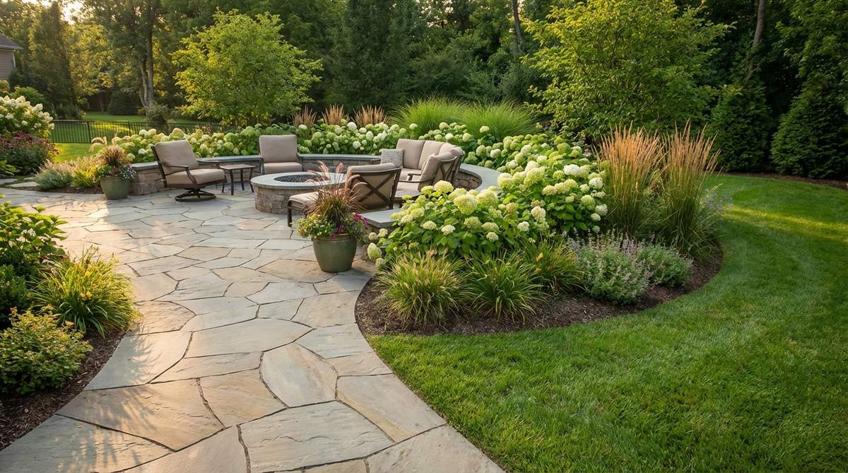 A curved patio design cut into a garden corner, showing how rounded edges create more usable space and facilitate better furniture placement compared to sharp angles.