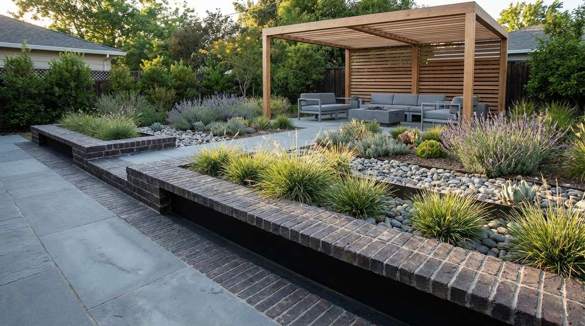 A contemporary garden design featuring brick edging with a deliberate shadow gap, creating a crisp reveal line against adjacent materials. This modern detail showcases architectural sophistication in minimalist landscape designs with precise spacing and clean geometry.