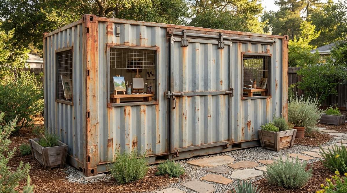 A miniature garden shed designed as a repurposed shipping container studio, featuring corrugated metal siding with industrial door hardware. This ultra-modern design replicates cargo container aesthetics with rust or painted finishes, perfect for urban fairy gardens and industrial-chic landscapes. The rectangular form creates workshop or studio scenarios with visible miniature art supplies and craft tools through side windows.