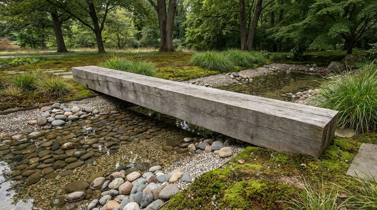 A minimalist zen garden bridge featuring a solitary 12x12-inch timber beam spanning 6 to 10 feet without rails, positioned over shallow water or gravel for meditative crossing challenges. Made from rot-resistant black locust or recycled railroad ties for durability.