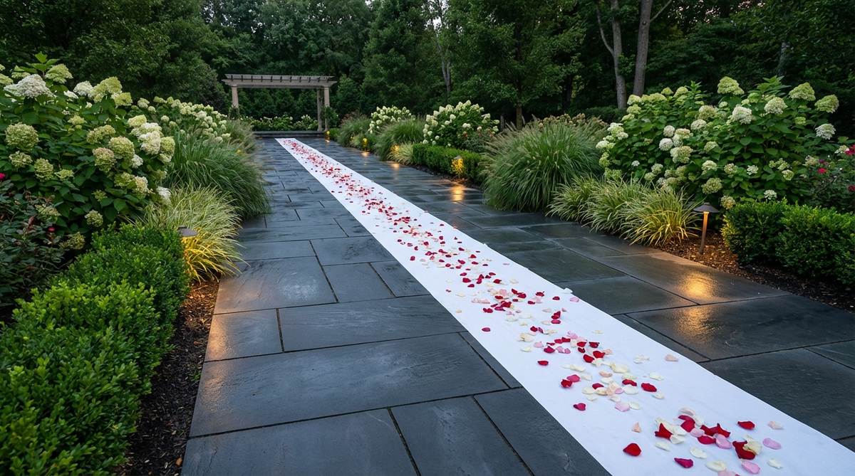 Large-format charcoal or black slate tiles create a contemporary processional path with sophisticated minimalism for a stone garden wedding. The dark surface makes colorful petals or white runner fabrics pop visually, with tight joints for a seamless walking surface. The stone's smooth finish reflects evening light, creating a subtle glow that defines the path after sunset.