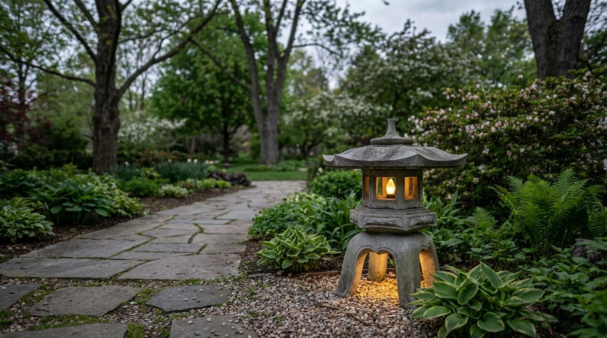 A traditional Japanese stone garden lantern of the sode-gata (sleeve style) variety, designed for pathway illumination in gardens. This medium-height lantern stands 24-36 inches tall and features the characteristic design elements that reference kimono sleeves, used to guide movement through garden paths. Installed along primary circulation routes where it provides adequate lighting without obstructing views.