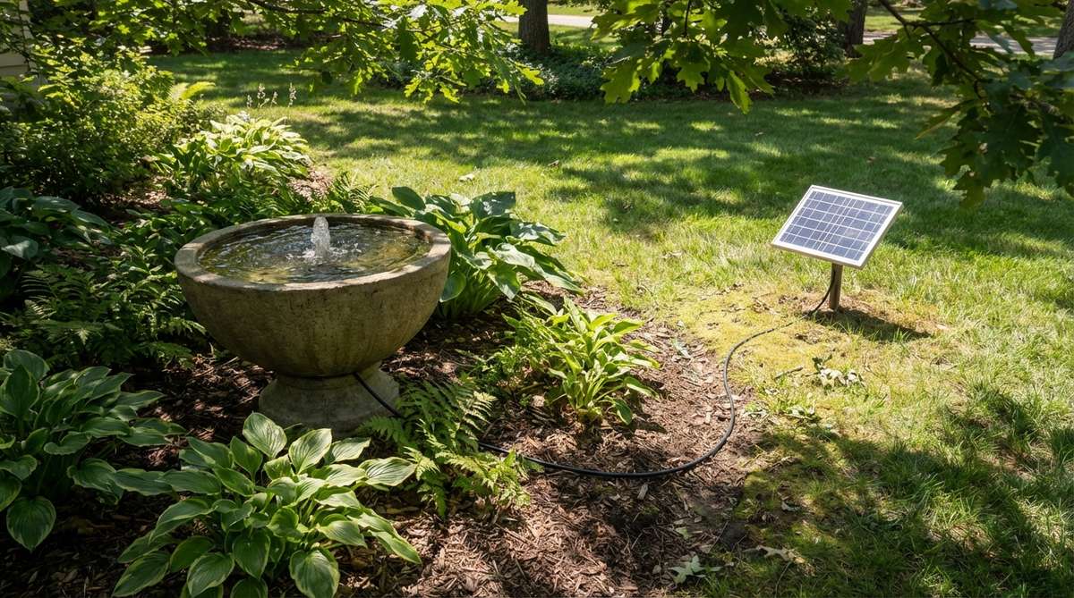 A small garden fountain with a bowl design, powered by a separate solar panel connected via weatherproof cable. The solar panel is positioned in full sunlight while the fountain occupies a shaded area, demonstrating the split configuration ideal for partially shaded gardens. The fountain shows water flowing gently, with the setup allowing for automatic adjustment based on sunlight intensity.