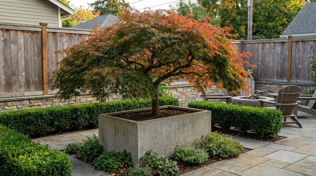 A single architectural Japanese maple tree anchoring a small courtyard garden, showcasing its seasonal color transformation from spring emergence through summer canopy to fall foliage, planted in an oversized container to support root development and create natural ceiling definition with its branching structure.