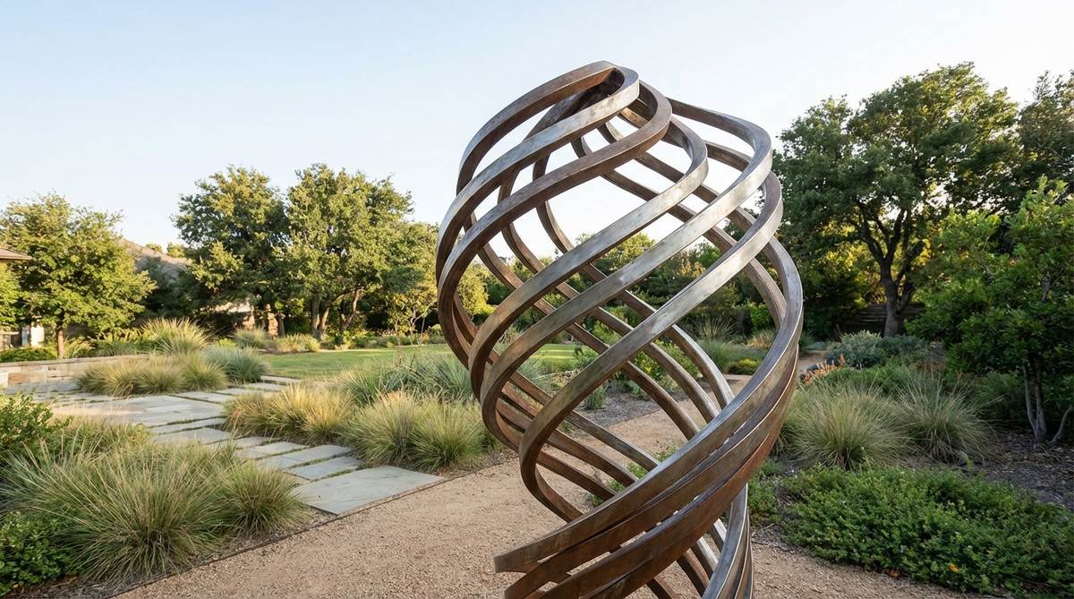 A modern garden sculpture featuring metal ribbons twisting upward in mathematical helixes, demonstrating how simple geometric principles generate complex visual forms. The spirals draw eyes skyward, extending garden experiences vertically, with multiple parallel spirals increasing visual complexity and structural stability. This helix form suggests growth, DNA, and natural patterns found in shells and seed heads, creating strong impact in minimalist settings.