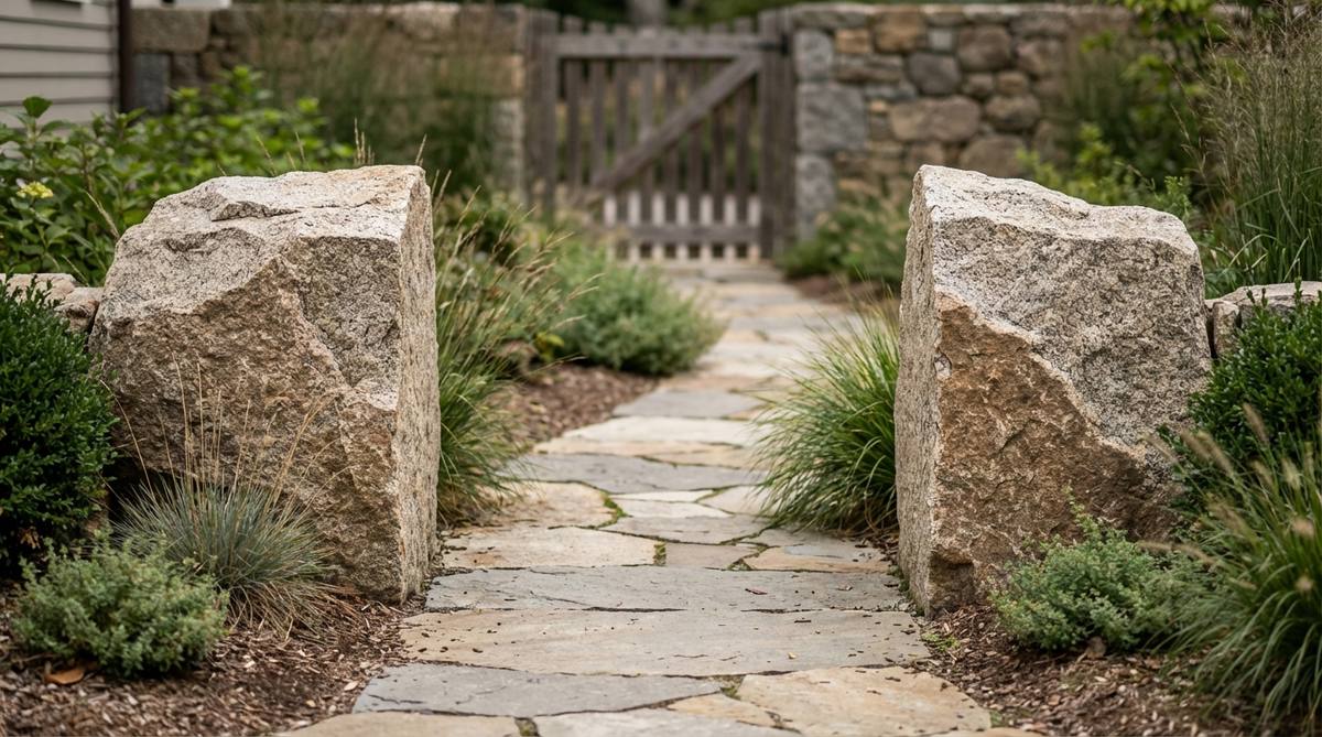 Two halves of a split boulder positioned symmetrically on either side of a path or entrance, with split faces oriented toward each other to emphasize their shared geological origin, suitable for granite and basalt in stone gardens.