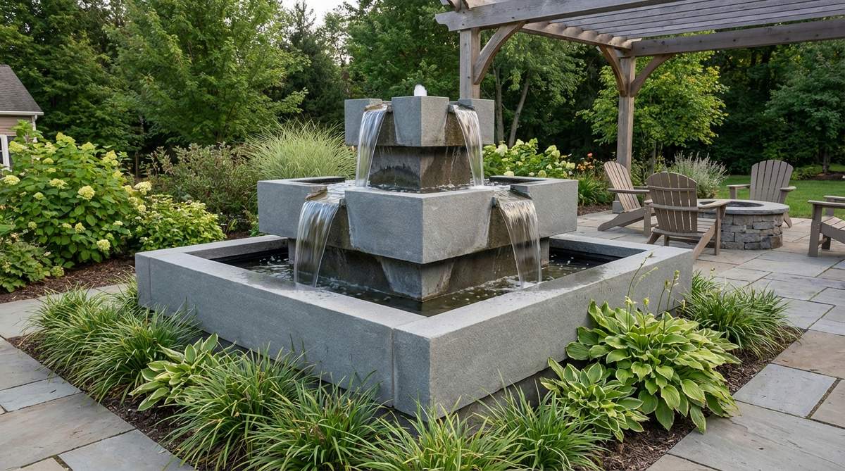 A modern garden fountain featuring stacked square basins that decrease in size upward, forming a stepped pyramid profile with water cascading from the top tier down through each level. The design shows three to five graduated tiers creating visual hierarchy, with corner overflows producing four distinct water streams or centered spouts creating singular cascades.