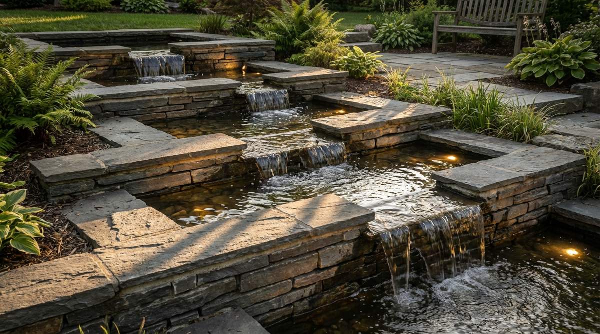 A cascading water feature made from stacked horizontal slate pieces in offset tiers, creating multiple water paths with dramatic shadows and reflective qualities. Built with mortar over a waterproof liner and enhanced by submersible LED lighting for evening effects.