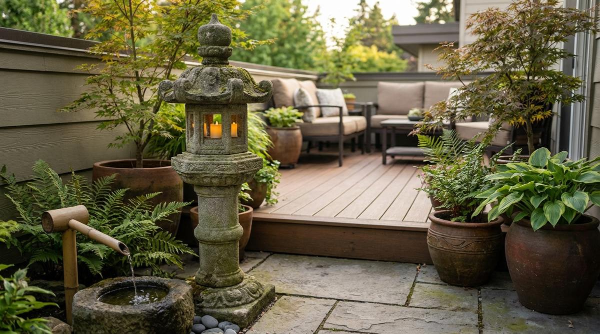 A traditional multi-tiered stone lantern (toro) serving as a vertical accent in a Japanese balcony garden, with carved stone structure ranging from 24 to 48 inches tall, featuring chambers for candles or LED lights to create evening ambiance, placed off-center near water features or pathways, and developing moss and patina over time for authenticity.