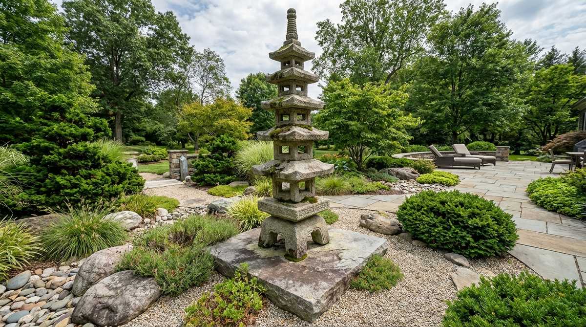 A five-tiered stone pagoda tower representing the five elements—earth, water, fire, wind, and void—in ascending order. This substantial garden statue serves as a major focal point in zen gardens, requiring stable foundation work to support its considerable weight. Positioned centrally or as vista terminators visible from multiple vantage points, each tier follows specific traditional ratios for visually harmonious progression.