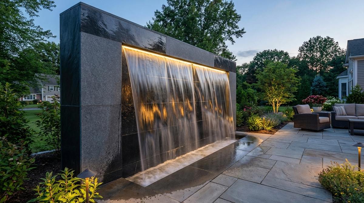 A vertical stone panel waterfall in a garden fountain, featuring smooth slate, granite, or marble panels with water flowing down in a sheet. The polished mirror finish reflects light, while LED lighting behind the water creates dramatic evening effects. Ideal for masking traffic noise with consistent white noise.