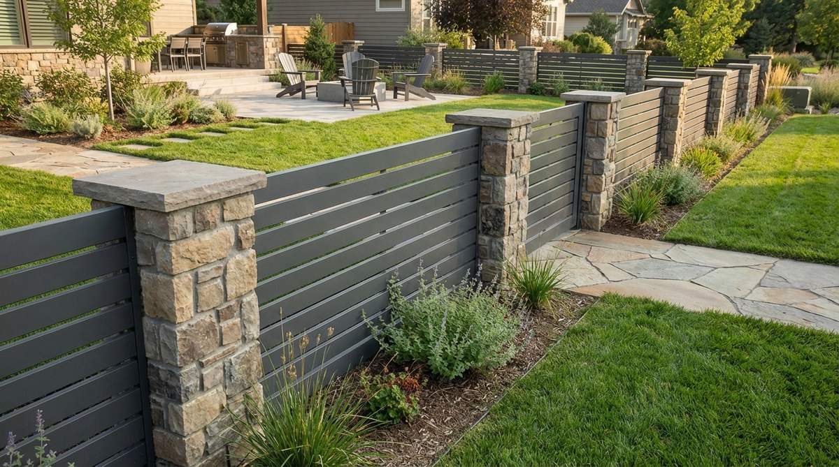 A modern garden fence featuring natural stone pillars with horizontal metal panels, creating a sophisticated contrast between organic and refined materials. The design includes stacked stone veneer for structural support and visual rhythm, capped for weather protection, ideal for contemporary outdoor spaces.