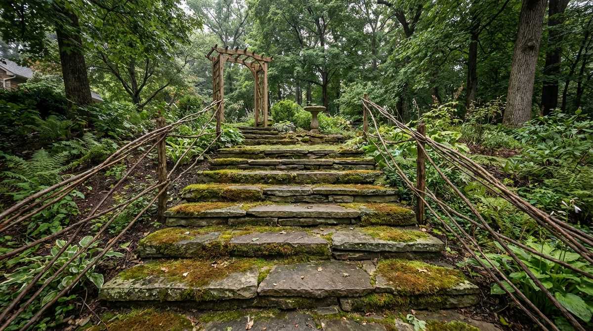 A natural stone staircase made from flat stones stacked in graduated sizes, climbing a gentle slope in a fairy garden setting. The stones are arranged to form steps, with moss growing naturally on their surfaces in a shaded, moist environment. Thin twig handrails are visible along the edges, adding detail and a suggestion of safety. The staircase integrates organically with surrounding plantings, leading to an elevated structure or garden feature, embodying the fairy garden aesthetic with rustic charm.