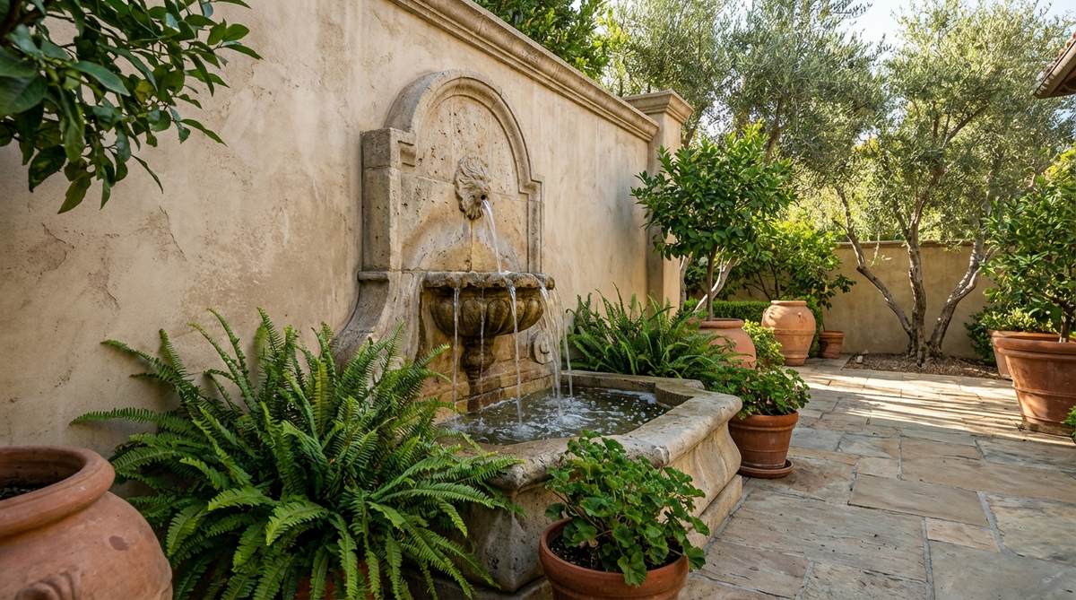 A wall-mounted stone fountain installed on a Mediterranean garden courtyard wall, featuring recirculating water flow with ferns planted in the splash zone below. The vertical fountain design creates soothing water sounds while conserving space in the garden layout.