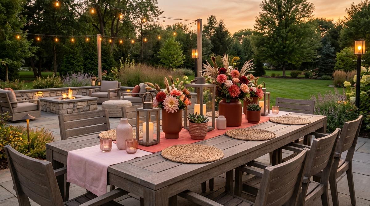 A modern garden table featuring a sunset-inspired warm tone gradient, transitioning from pale pink through coral to deep rust across table elements. This design mimics natural sunset transitions, creating romantic warmth with light tones in base layers and saturated hues in accent pieces and floral selections, enhanced by evening lighting for a warm glow effect.