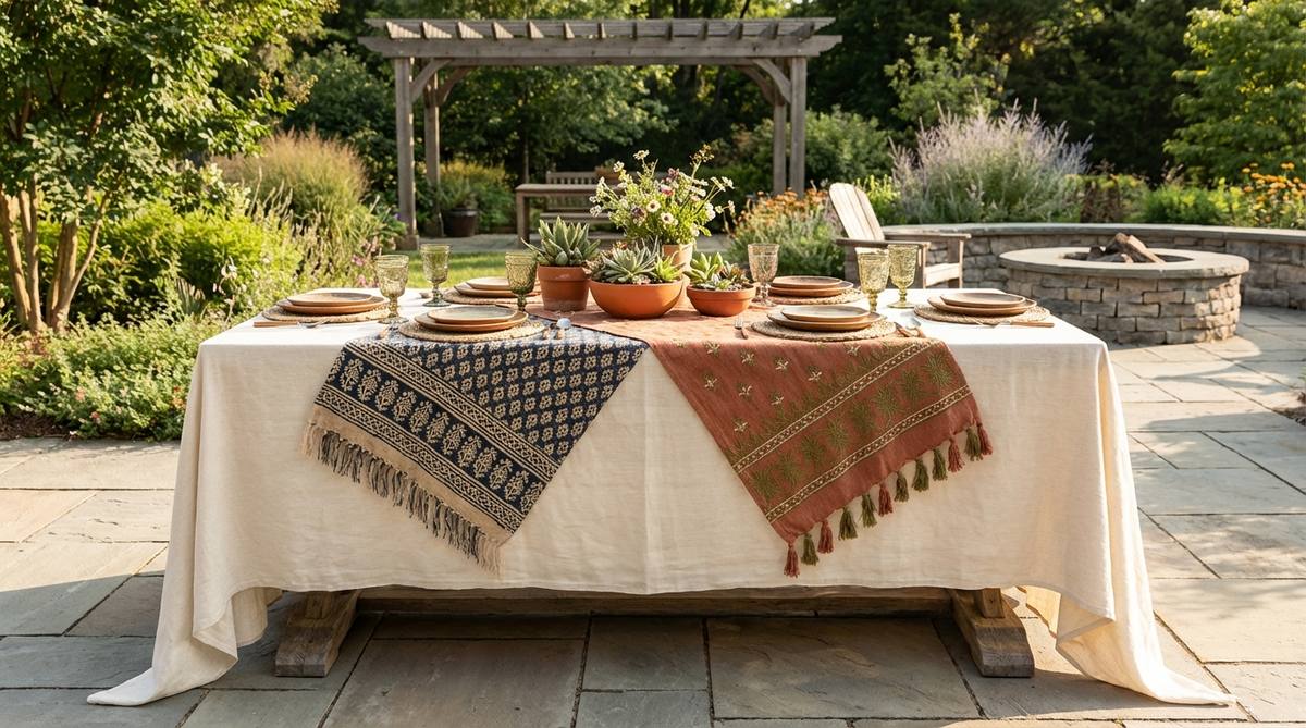 A boho-inspired dining table with layered table linens featuring a solid neutral tablecloth reaching the floor, topped with two contrasting patterned runners arranged in an X pattern. The runners showcase fringe details, embroidery, and block prints, demonstrating pattern play and texture mixing characteristic of bohemian decor style.
